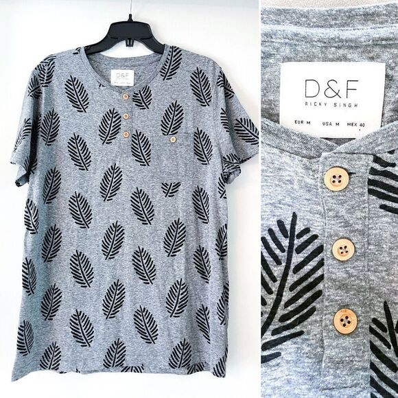 Denim & Flower Ricky Singh Printed Henley Button T-Shirt M - Picture 1 of 2